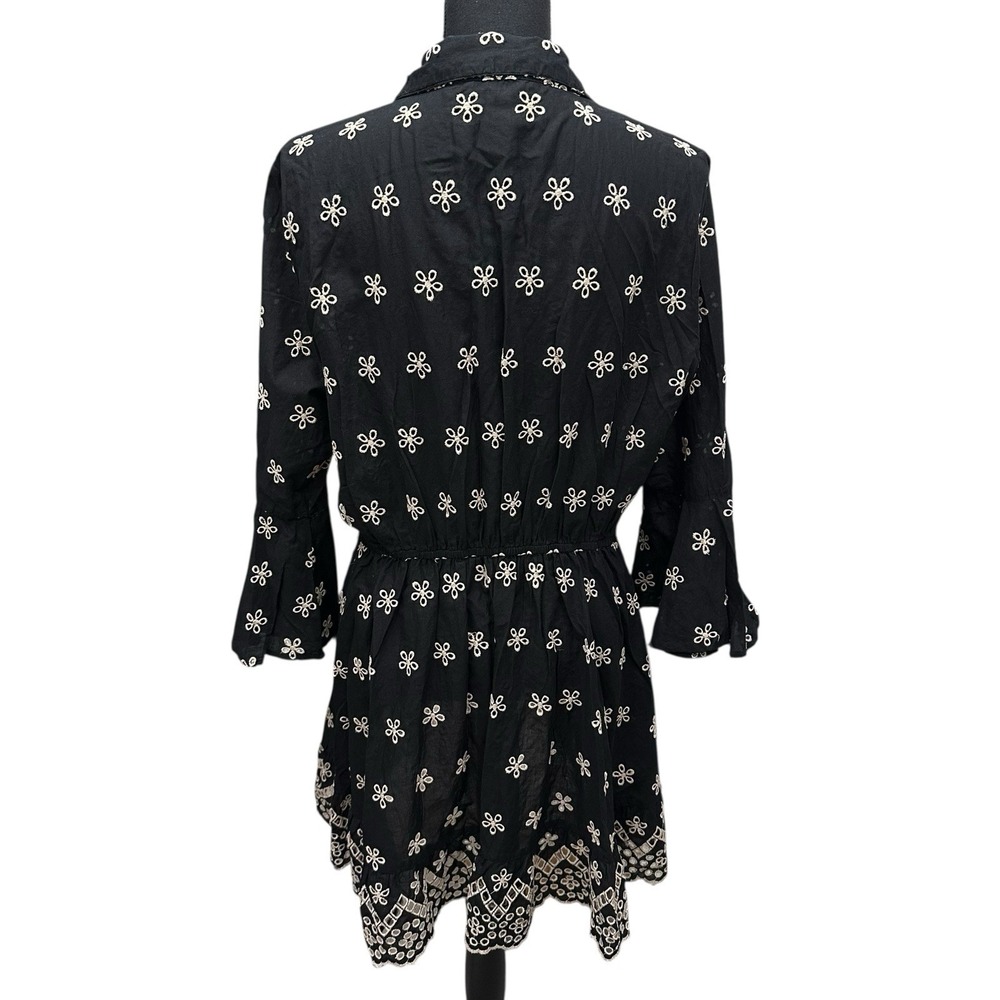 Venus Sz 16 Top High Low Button Front Black Beige Embroidered Eyelet Bell Sleeve - Picture 6 of 9